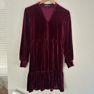 NEW Dark Burgundy Velvet Long Sleeve Babydoll Empire Tiered Dress Whimsigoth